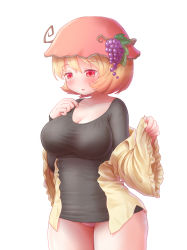 1girl aki_minoriko arinu black_shirt blonde_hair blush breasts cleavage female_focus food frilled_sleeves frills fruit grapes hand_on_own_chest hat highres large_breasts long_sleeves looking_away looking_down off_shoulder open_clothes panties pantyshot pink_panties red_eyes red_hat shirt short_hair simple_background solo standing thighs touhou underwear white_background wide_sleeves