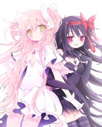 2girls akemi_homura akuma_homura argyle_clothes argyle_thighhighs black_dress black_gloves black_hair bow breasts cleavage_cutout clothing_cutout cowboy_shot dress elbow_gloves gloves hair_bow hair_ribbon highres kaname_madoka locked_arms long_hair looking_at_viewer mahou_shoujo_madoka_magica mahou_shoujo_madoka_magica_(anime) mipi_(u3u_00) multiple_girls pink_hair pink_thighhighs purple_eyes red_ribbon ribbon simple_background small_breasts smile thighhighs two_side_up ultimate_madoka very_long_hair white_background white_bow white_dress yellow_eyes