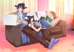1boy 1girl arkuny black_hair blue_shirt blue_shoes blue_shorts breasts brown_pants closed_mouth commentary commission computer couch couple crop_top cross cross_necklace demon_wings english_commentary feathered_wings full_body fur-trimmed_shirt fur-trimmed_shorts fur_trim head_wings hetero highres indoors jewelry laptop long_hair medium_breasts meta necklace pants playing_games priest_(ragnarok_online) purple_eyes rabbit ragnarok_online shirt shoes short_hair shorts sitting sleeveless sleeveless_shirt smile sniper_(ragnarok_online) video_game wings
