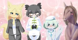 3girls animal_ears black_hair black_jacket black_pants black_skin blazer blonde_hair blue_eyes blush breasts brown_hair cetacean_tail chinese_clothes colored_skin commentary_request cowboy_shot dixie_cup_hat dog_ears dog_girl dog_tail dolphin_girl fins fish_tail furry furry_female green_eyes grey_skin hat heart horse jacket large_breasts lets0020 long_bangs long_hair long_sleeves looking_at_viewer looking_to_the_side medium_breasts military_hat multiple_girls nose_blush office_lady open_mouth original panda_girl pants pink_background pointy_ears shirt short_hair sweat tail tangzhuang white_hat white_shirt white_skin yellow_eyes yellow_skin