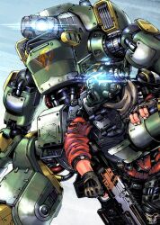 Rule 34 | 1boy, 1other, animification, assault visor, black gloves, blue eyes, bt-7274, fingerless gloves, gloves, glowing, glowing eye, glowing eyes, gun, helmet, highres, holding, holding gun, holding weapon, humanoid robot, jack cooper, jacket, logo, looking ahead, looking to the side, looking up, male focus, mecha, one-eyed, open hand, rifle, robot, science fiction, titanfall (series), titanfall 2, weapon, western comics (style), wolpekinho