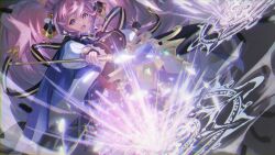 1girl :o animal_ear_fluff animal_ears attack bell black_cape black_gloves blue_cape cape cleo_(dragalia_lost) cleo_(gala)_(dragalia_lost) commission dragalia_lost drill_hair fingerless_gloves gloves hair_bell hair_ornament highres holding holding_staff long_hair long_sleeves open_mouth pink_eyes pink_hair rabbit_ears re_(pixiv_89203939) solo staff twin_drills two-tone_cape very_long_hair vgen_commission