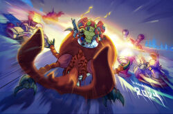 agumon antennae atlurkabuterimon atlurkabuterimon_(red) bug claws digimon digimon_(creature) digimon_racing exoskeleton guilmon gun horns kart landramon rhinoceros_beetle sharp_teeth skadimon spikes teeth tentomon weapon