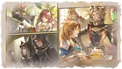 Rule 34 | 3girls, 5boys, animal ears, armor, blonde hair, brown hair, drink, elsam (granblue fantasy), freesia (granblue fantasy), glasses, granblue fantasy, granblue fantasy versus: rising, grey hair, highres, katalina (granblue fantasy), lowain (granblue fantasy), multiple boys, multiple girls, official art, one eye closed, pink hair, tomoi (granblue fantasy), wink, yggdrasil (granblue fantasy)