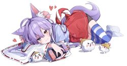 Rule 34 | 1girl, animal ear fluff, chaum, closed mouth, fox girl, fox tail, full body, heart, heterochromia, highres, long hair, long sleeves, looking at another, lying, no shoes, nontraditional miko, on side, purple hair, simple background, smile, socks, socks over thighhighs, solo, stellive, striped clothes, striped thighhighs, tail, tenko shibuki, thighhighs, virtual youtuber, white background, white socks, wide sleeves