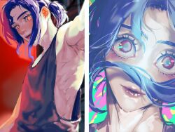 1boy armpit_crease armpits blue_hair gamugamuponpon gundam gundam_gquuuuuux looking_at_viewer male_focus multiple_views obliques orange_eyes ponytail red_eyes short_hair shuji_ito sleeveless solo tank_top wide-eyed