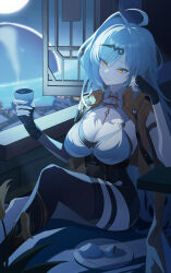 1girl absurdres ahoge black_gloves black_shorts black_thighhighs breasts chinese_commentary cleavage closed_mouth collar commentary_request cup fingerless_gloves food gloves hair_ornament high-waist_shorts highres holding holding_cup indoors jacket large_breasts mole mole_on_breast night plate shorts single_hair_intake single_thighhigh sitting smile solo steamed_bun szai thighhighs thighs white_collar yellow_eyes yellow_jacket yixuan_(zenless_zone_zero) zenless_zone_zero