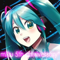 1girl caffein character_name female_focus green_eyes green_hair hatsune_miku headset looking_at_viewer matching_hair/eyes necktie open_mouth portrait revision solo twintails vocaloid