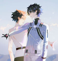 Rule 34 | 2boys, absurdres, black gloves, black hair, blue eyes, chaldea logo, chaldea uniform, command spell, commentary request, dual persona, fate/grand order, fate (series), fujimaru ritsuka (male), fujimaru ritsuka (male) (decisive battle chaldea uniform), gloves, highres, holding, holding behind back, jacket, long sleeves, male focus, multiple boys, official alternate costume, open mouth, parai0, short hair, sky, smile, standing, white jacket