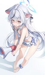 1girl absurdres animal_ears ankle_scrunchie bare_legs barefoot bikini black_hair blue_archive blush breasts commentary fang flying_sweatdrops frilled_bikini frills furrowed_brow grey_hair halo highres holding holding_megaphone kokona_(blue_archive) leaning_forward long_hair looking_at_viewer megaphone multicolored_hair red_eyes scrunchie simple_background skin_fang small_breasts solo swimsuit tiger_ears toes two-tone_hair umou_(umouawa) very_long_hair white_background white_bikini