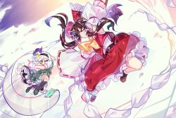 2girls arm_up artist_name ascot belt black_footwear boots bow brown_eyes brown_footwear brown_hair chasing closed_mouth commentary_request dress duel frilled_bow frilled_hair_tubes frilled_skirt frills full_body gloves gohei green_dress green_eyes hair_bow hair_tubes hakurei_reimu highres holding holding_gohei holding_sword holding_weapon jin-dam konpaku_youmu konpaku_youmu_(ghost) long_hair looking_at_another making-of_available multiple_girls puffy_short_sleeves puffy_sleeves red_skirt red_vest ribbon-trimmed_sleeves ribbon_trim shirt shoes short_sleeves skirt sleeveless sleeveless_shirt smile socks sparkle sword touhou undershirt vest weapon white_gloves white_shirt white_socks yellow_ascot