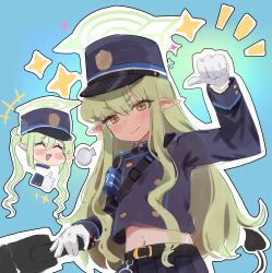 black_jacket black_skirt blue_archive blue_background blush chibi chibi_only demon_tail doyagao green_halo halo hat hikari_(blue_archive) jacket kyarupunch long_hair looking_at_viewer navel nozomi_(blue_archive) pointy_ears school_uniform skirt smug tail thumbs_up yellow_eyes