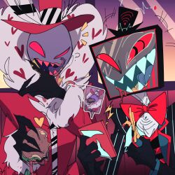 2boys ama0805 banana burger coat colored_skin demon_boy food formal_clothes fruit fur-trimmed_coat fur_trim hazbin_hotel heart heart-shaped_eyewear highres holding holding_burger holding_food multiple_boys pink_coat purple_skin red_eyes sharp_teeth suit teeth valentino_(hazbin_hotel) vox_(hazbin_hotel) yaoi