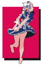 Rule 34 | 1girl, apron, barefoot, blue dress, blue eyes, bright pupils, dress, highres, izayoi sakuya, knife, looking back, parted bangs, puffy short sleeves, puffy sleeves, shizuku hky, short dress, short sleeves, smile, solo, touhou, waist apron, white pupils