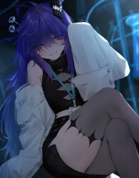 1girl 666 asymmetrical_legwear black_shirt black_skirt blue_eyes coat commentary crossed_arms dr.nova(e) english_commentary erlenmeyer_flask eyes_visible_through_hair flask flat_chest grey_pantyhose grey_thighhighs hair_ornament highres id_card lab_coat lanyard long_hair long_sleeves looking_at_viewer messy_hair miniskirt object_through_head open_clothes open_coat pantyhose parted_lips purple_hair screw_in_head second-party_source shirt single_leg_pantyhose single_thighhigh sitting skirt sleeves_past_wrists smile solo thighhighs thighs turtleneck turtleneck_shirt twt_vv202 uneven_legwear v4mirai virtual_youtuber white_coat