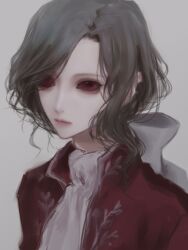 Rule 34 | 1boy, ascot, bow, closed mouth, colored sclera, commentary request, grey background, grey bow, grey hair, hair bow, highres, identity v, jacket, jiz (pffbq), joseph desaulniers, looking at viewer, male focus, medium hair, red eyes, red jacket, red sclera, simple background, solo, upper body