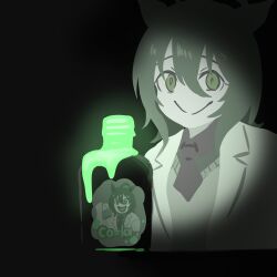 Rule 34 | 1girl, agnes tachyon (umamusume), animal ears, black background, black necktie, brown hair, closed mouth, coat, glass bottle, glowing, hair between eyes, highres, horror (theme), horse ears, horse girl, itota art, lab coat, medium hair, necktie, red eyes, short necktie, simple background, smile, solo, sweater, umamusume, white coat, yellow sweater