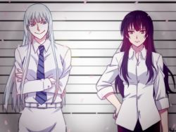 Rule 34 | 10s, 2girls, black eyes, black hair, blue eyes, brown eyes, cherry blossoms, colored eyelashes, crossed arms, expressionless, hand on own hip, itou shizuka, jormungand (manga), koko hekmatyar, kujou sakurako (sakurako), long hair, mole, mole under eye, multiple girls, necktie, sakurako-san no ashimoto ni wa shitai ga umatteiru, shirt, skirt, smile, taneko (motitto092), very long hair, voice actor connection, white eyelashes, white hair