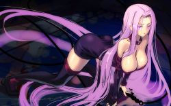 1girl absurdly_long_hair all_fours ass bare_shoulders black_thighhighs boots breasts coffee_cat collar dress fate_(series) female_focus jpeg_artifacts large_breasts long_hair medusa_(fate) medusa_(rider)_(fate) purple_eyes purple_hair sketch solo strapless strapless_dress thigh_boots thighhighs very_long_hair