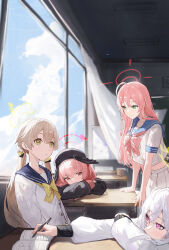 4girls absurdres azusa_(blue_archive) black_hat black_wings blue_archive blue_sky book breasts brown_hair classroom cloud curtains day halo hanako_(blue_archive) hat hifumi_(blue_archive) highres holding holding_pen indoors jianjia koharu_(blue_archive) long_hair low_twintails make-up_work_club_(blue_archive) midriff multiple_girls navel pen pink_eyes pink_hair pleated_skirt red_halo school_uniform skirt sky table twintails white_hair white_skirt window winged_hat wings yellow_eyes yellow_halo