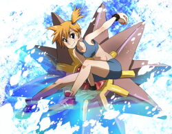 1girl asymmetrical_hair bare_legs bare_shoulders bikini blue_bikini breasts creatures_(company) game_freak gen_1_pokemon green_eyes gym_leader hair_tie holding holding_poke_ball legs looking_at_another medium_breasts misty_(pokemon) navel nintendo orange_hair poke_ball pokemon pokemon_frlg ponytail shoes short_hair side_ponytail sneakers starmie swimsuit water