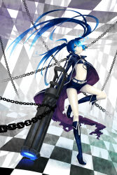 1girl arm_cannon belt bikini black_coat black_rock_shooter black_rock_shooter_(character) black_shorts blue_eyes blue_hair boots chain checkered_floor coat flaming_eye front-tie_bikini_top front-tie_top glowing glowing_eye highres long_legs pale_skin rock_cannon scar shorts swimsuit thighs twintails uneven_twintails weapon yellow_parakeet_uno