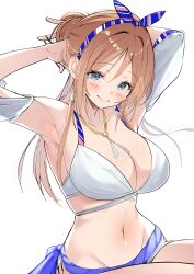 1girl absurdres armpits arms_up blue_eyes blush breasts brown_hair cleavage gakuen_idolmaster highres himesaki_rinami idolmaster kimi_to_semi_blue_(idolmaster) large_breasts mappaninatta navel simple_background smile solo stomach tying_hair white_background