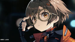 1girl adjusting_eyewear black_gloves black_shirt blurry bokeh brown_hair closed_mouth copyright_name dark_background depth_of_field dot_mouth fingerless_gloves glasses gloves hand_on_eyewear hand_up highres jacket logo looking_at_viewer official_art official_wallpaper orange_eyes orange_jacket portrait qianqiu_(xinyue_tongxing) raised_eyebrow round_eyewear shirt short_hair solo xinyue_tongxing