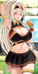 ! 1girl absurdres arm_behind_head arm_strap arm_up armpits bare_shoulders black_shirt black_skirt blurry bokeh braid breasts bright_pupils can cleavage cleavage_cutout clothing_cutout collared_shirt colored_eyelashes commentary_request commission cowboy_shot crop_top depth_of_field hairband hand_up highleg highres holding holding_can korean_commentary large_breasts lethe_rin long_hair looking_at_viewer midriff miniskirt navel open_mouth original panty_straps pleated_skirt ponytail red_eyes sayan second-party_source shirt skirt sleeveless sleeveless_shirt solo spoken_exclamation_mark stomach sweat thigh_strap thighs very_long_hair white_eyelashes white_hair