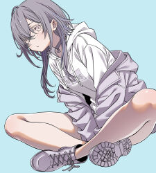 1girl blue_background boots brown_eyes choker closed_mouth commentary_request drawstring dutch_angle grey_boots grey_choker grey_hair grey_jacket hair_over_one_eye highres hood hood_down hoodie ichinose_uruha indian_style jacket lace-up_boots looking_at_viewer off_shoulder open_clothes open_jacket sakuya_tsuitachi shoe_soles simple_background sitting solo virtual_youtuber vspo! vspo!_showdown white_hoodie