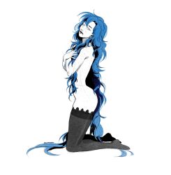 Rule 34 | 1girl, ahintofchocolat, arcane: league of legends, blue hair, commentary, from side, hair censor, highres, jinx (league of legends), kneeling, league of legends, long hair, looking at viewer, nude, solo, spot color, thighhighs, very long hair