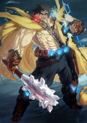 Rule 34 | 1boy, abs, arm at side, armored boots, armored gloves, belt, belt pouch, big nose, black pants, blue background, boots, bow (weapon), brown hair, cape, club, club (weapon), fate/grand order, fate (series), fingerless gloves, full body, fur-trimmed gloves, fur boots, fur trim, game cg, gloves, glowing, hand up, holding, holding bow (weapon), holding club, holding weapon, i-iv (longman), legs apart, looking at viewer, male focus, medium hair, muscular, muscular male, official art, open mouth, pants, pectorals, pouch, sash, sheath, sheathed, shoulder sash, shouting, smile, solo, sparkle, spiked club, standing, super orion (fate), sword, teeth, thick eyebrows, third-party source, topless male, veins, weapon, yellow cape