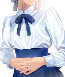 1girl aora artoria_pendragon_(fate) blonde_hair blue_ribbon blue_skirt clothes_focus collared_shirt commentary_request eyes_out_of_frame fate/stay_night fate_(series) head_out_of_frame high-waist_skirt long_hair long_skirt long_sleeves neck_ribbon own_hands_together red_ribbon ribbon saber_(fate) shirt shirt_tucked_in sidelocks simple_background skirt solo standing white_background white_shirt