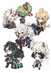 4girls 5boys aether_(genshin_impact) ahoge anklet arataki_itto arlecchino_(genshin_impact) arm_wrap armor arms_at_sides arms_behind_head ascot back-to-back black_ascot black_boots black_choker black_coat black_eyes black_gloves black_hair black_leggings black_mask black_nails black_pants black_sandals black_shirt black_shoes black_shorts black_sleeves black_suit blonde_hair blue_cape blue_eyes blue_gemstone blue_hair blue_hat blue_kimono blue_sleeves blunt_ends boots bow bridal_gauntlets cape chain chibi choker closed_eyes closed_mouth clothes_around_waist coat coat_on_shoulders coattails colored_inner_hair cropped_shirt curtained_hair dress earrings elbow_gloves eyelashes eyeliner eyeshadow facing_another facing_down fingerless_gloves formal_clothes frilled_socks frills full-body_tattoo fur-trimmed_coat fur_trim furina_(genshin_impact) gem genshin_impact gloves gold_trim green_eyes green_gemstone green_hair green_headband green_pants grey_pants hair_between_eyes hair_intakes hair_ornament hair_tie half_crown_braid hands_on_own_thighs hat hat_bow headband height_difference heterochromia highres horns jacket jacket_around_waist japanese_armor japanese_clothes jewelry juban kimono kinich_(genshin_impact) knee_up kote kuki_shinobu kurokote lapels leaf leaf_hair_ornament leg_warmers leggings long_hair long_sleeves looking_at_another looking_up low-braided_long_hair low-tied_long_hair makeup mask mini_hat mini_top_hat mouth_mask multicolored_hair multiple_boys multiple_girls nahida_(genshin_impact) necktie offering_hand on_head open_clothes open_coat open_hand open_kimono open_mouth pants person_on_head pointy_ears purple_ascot purple_bow purple_eyes purple_hair purple_rope red_eyeliner red_eyeshadow red_hair red_horns red_necktie rope sandals satou_(satopurin33) scar scar_on_arm scaramouche_(genshin_impact) scarf seiza shimenawa shirt shoes short_hair shorts side-by-side side_ponytail sidelocks single_sode sitting smile socks spiked_ear_piercing spiked_gloves streaked_hair suit symbol-shaped_pupils tattoo thigh_strap top_hat topknot twitter_username vision_(genshin_impact) wanderer_(genshin_impact) watermark white_background white_coat white_dress white_hair white_kimono white_leg_warmers white_rope white_scarf white_sleeves white_socks white_trim wriothesley_(genshin_impact) x-shaped_pupils yellow_cape yellow_eyes yellow_gemstone zouri