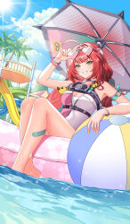 Rule 34 | 1girl, ahoge, ball, bandaid, barefoot, beach umbrella, beachball, blue sky, braid, breasts, cleavage, cloud, cloudy sky, commentary request, day, eyewear on head, facial tattoo, feng shao kky (arj0522), green eyes, grin, heart, heart-shaped eyewear, heart tattoo, highres, long hair, looking at viewer, official alternate costume, one-piece swimsuit, outdoors, palm tree, pool, red hair, sitting, sky, slide, smile, solo, sun, sunlight, swimsuit, tattoo, tree, ukinami yuzuha, ukinami yuzuha (tanuki in broad daylight), umbrella, water, water slide, white one-piece swimsuit, yellow eyes, zenless zone zero