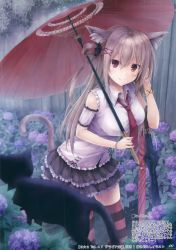 1girl absurdres adjusting_hair animal animal_ear_fluff animal_ears black_cat black_skirt bracelet breasts cat cat_ears cat_tail character_request closed_umbrella comic_market cross-laced_clothes female_focus flower frilled_shirt frilled_skirt frills grey_hair hair_ornament hairclip highres hydrangea jewelry layered_skirt leaning_forward looking_at_viewer miniskirt multicolored_legwear necktie oil-paper_umbrella one_side_up outdoors parasol purple_eyes rain red_necktie scan scrunchie shirt skirt smile solo striped_clothes striped_thighhighs suien tail thighhighs umbrella zettai_ryouiki
