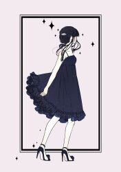 Rule 34 | 1girl, alternate costume, alternate hairstyle, back, black hair, blue dress, blunt bangs, dress, facing away, gnosia, hair between eyes, hair bun, highres, long hair, mutou ieneko, simple background, solo, straight hair, yuriko (gnosia)