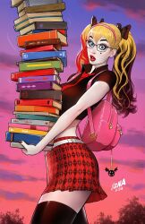 1girl alternate_costume argyle_clothes argyle_skirt backpack bag batman_(series) belt black_hair black_shirt black_thighhighs blonde_hair blue_eyes book book_stack collared_shirt colored_skin comic_cover david_nakayama dc_comics dusk glasses harley_quinn highres holding holding_book initial long_hair looking_at_viewer midriff multicolored_hair necktie official_art outdoors pink_bag red_hair red_lips red_necktie red_skirt shirt short_sleeves skirt solo textless_version thighhighs twintails white_belt white_skin