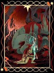 armor blood blood_on_clothes blood_on_ground bloody_weapon blue_hair blue_skin colored_skin cracked_skin doll_joints elden_ring extra_arms floating fromsoftware full_armor gold_armor highres holding_hands jewelry joints on_one_knee plant_roots ranni_the_witch ring string tarnished_(elden_ring) two_fingers_(elden_ring) weapon wedding_ring yellghoul