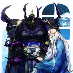 2boys aquarium armor bad_id bad_pixiv_id beard cape dragon earth_(planet) eyebrows facial_hair final_fantasy final_fantasy_iv full_armor fusoya golbez grey_hair helmet long_hair male_focus multiple_boys mustache parody shadow_dragon shako space star_(symbol) uncle_and_nephew very_long_hair water window
