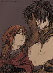 1boy 1girl breasts brown_hair cape circlet closed_mouth commentary_request crying dress gensou_suikoden gensou_suikoden_i gloves long_hair maeka_(kumaekake) medium_hair odessa_silverberg red_hair spoilers viktor_(suikoden)