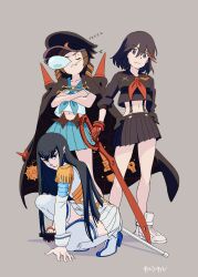 3girls absurdres black_hair brown_hair full_body highres hime_cut kill_la_kill kiryuuin_satsuki long_hair looking_at_viewer mankanshoku_mako matoi_ryuuko mouth_hold multiple_girls na1gahama nose_bubble red_hair squatting stalk_in_mouth