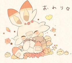 acorn baby_animal bird blush chick closed_eyes closed_mouth commentary_request full_body gen_8_pokemon happy mushroom nintendo no_humans pokemon pokemon_(creature) scorbunny simple_background sitting smile solo translated white_background yupo_0322
