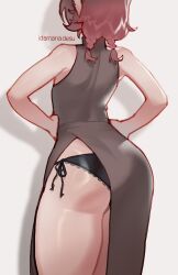 Rule 34 | 1girl, absurdres, artist name, ass, bare arms, bare shoulders, black panties, braid, brown hair, commentary, dress, ear piercing, ebi (idamaria), english commentary, facing away, from behind, grey background, hands on own hips, highres, idamaria, lace, lace-trimmed panties, lace trim, medium hair, original, panties, piercing, shiny skin, short braid, side-tie panties, side slit, simple background, sleeveless, sleeveless dress, solo, thighs, twin braids, underwear