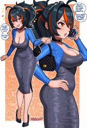 1girl absurdres artist_name ass bag black_hair blue_jacket blush breasts cellphone choker cleavage dress handbag heart high_heels highres jacket large_breasts metal_hairband multicolored_hair multiple_views phone ponytail red_eyes red_hair sarukaiwolf smartphone speech_bubble streaked_hair tight_clothes tight_dress two-tone_hair wide_hips zenless_zone_zero zhu_yuan