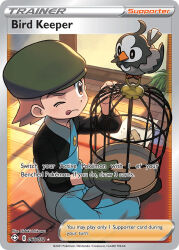 Rule 34 | 1boy, ;q, artist name, bird, bird keeper (pokemon), birdcage, black shirt, brown eyes, brown hair, cage, card (medium), character name, company name, copyright name, copyright notice, creatures (company), english text, game freak, gen 4 pokemon, gloves, green hat, hammer, hat, holding, indoors, ishikawa hideki, male focus, nintendo, official art, one eye closed, plant, pokemon, pokemon (creature), pokemon card, pokemon lgpe, pokemon tcg, screwdriver, shirt, short hair, single glove, sitting, starly, third-party source, tongue, tongue out, trading card, window shadow