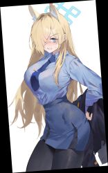 1girl absurdres animal_ears black_jacket black_pantyhose blonde_hair blue_archive blue_eyes blue_halo blue_necktie blue_shirt blue_skirt blush halo highres holding holding_jacket holding_unworn_clothes jacket kanna_(blue_archive) looking_at_viewer necktie pantyhose ramuri see-through_clothes shirt simple_background skirt solo thigh_gap twitter unworn_jacket white_background