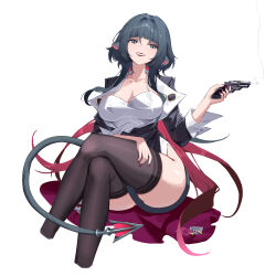 1girl absurdres alternate_costume animal_ears black_hair black_jacket black_thighhighs blunt_bangs breasts cropped_legs crossed_legs grin gun hair_intakes handgun highres holding holding_gun holding_weapon jacket jane_doe_(zenless_zone_zero) kazezz large_breasts long_hair looking_at_viewer mouse_ears mouse_girl mouse_tail nail_polish purple_nails revolver simple_background smile smoke smoking_barrel snubnosed_revolver solo tail teeth thighhighs weapon white_background zenless_zone_zero