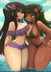 2girls angry bikini bikini_skirt black_hair blush breasts choker cleavage cloud collarbone dark_skin extra_mouth filia_(skullgirls) flower fukua_(skullgirls) green_bikini green_eyes green_hair hair_flower hair_ornament hands_on_own_hips large_breasts leaning_forward long_hair looking_at_another multiple_girls navel ocean open_mouth purple_bikini red_eyes samson_(skullgirls) side-tie_bikini_bottom skullgirls sky smile sparkle standing swimsuit teeth thick_thighs thighs tony_welt wading water wide_hips