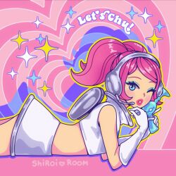 Rule 34 | 1girl, :o, artist name, blue eyes, blue eyeshadow, commentary, crop top, english commentary, eyeshadow, headset, heart, highres, looking at viewer, makeup, midriff, one eye closed, pink hair, pink lips, shiroiroom, shirt, short twintails, skirt, solo, space channel 5, sparkle, twintails, ulala, white shirt, white skirt
